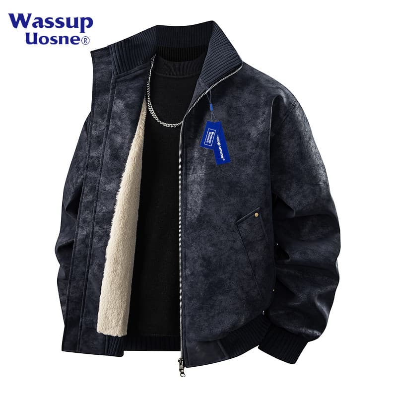 WASSUP Jaqueta masculina de couro com gola alta e Tie-Dye, outono inverno, roupa de rua, uniforme de beisebol curto, jaq