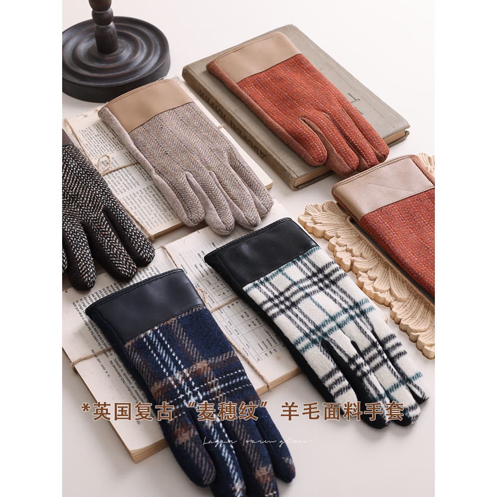 Britânico Retro {orelhas de trigo colheita} luvas de lã tela sensível ao toque elegante engrossado quente inverno equita