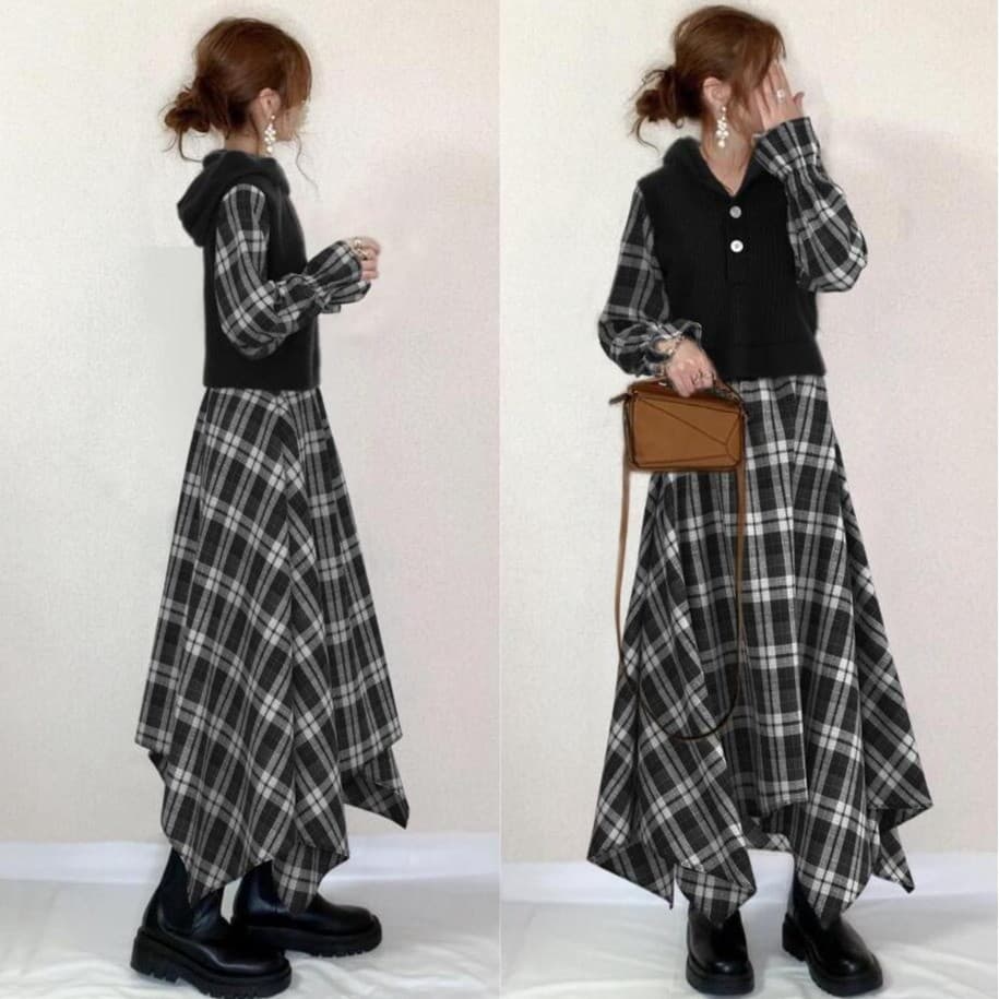 Amazon Cross-Border japonês Lotte novo estilo verificado costura contraste cor Irregular bainha vestido longo
