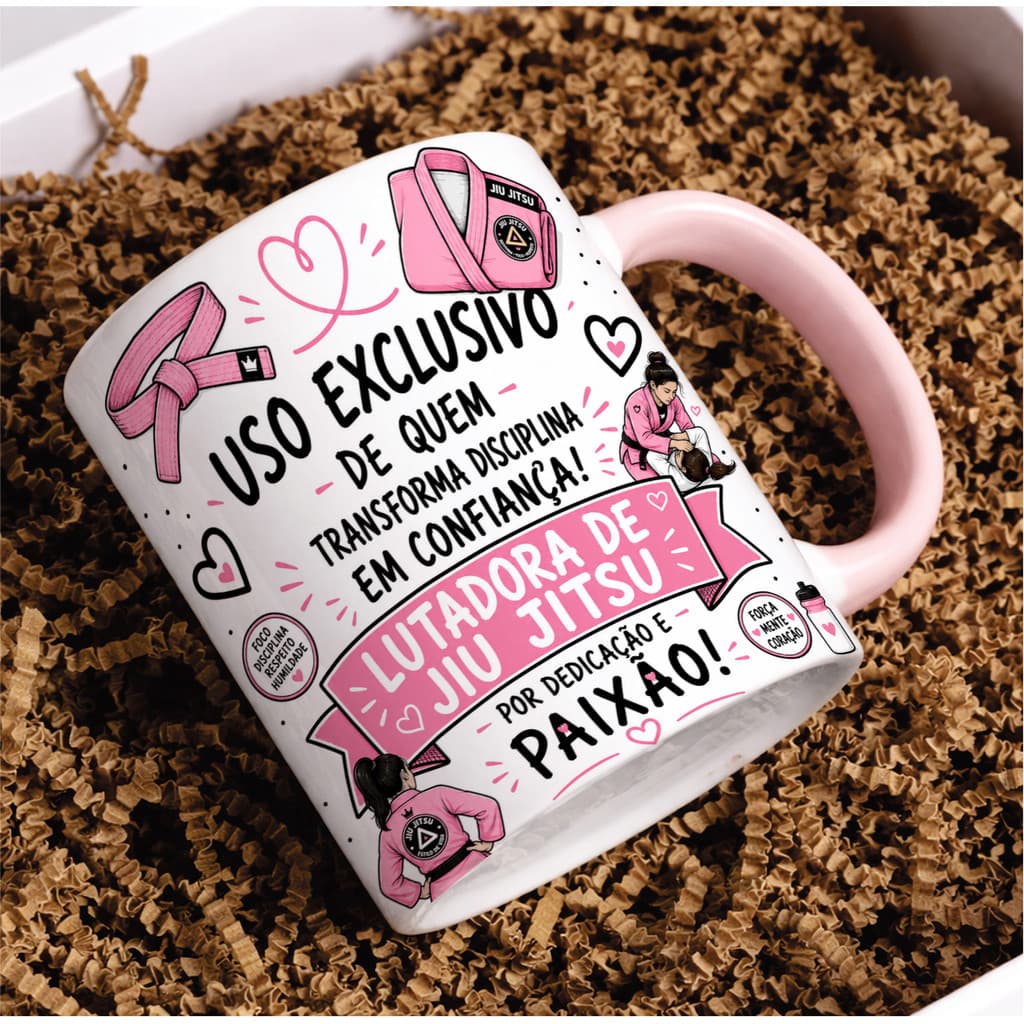 Caneca Porcelana Lutadora de Jiu Jitsu Kimono Tatame Luta