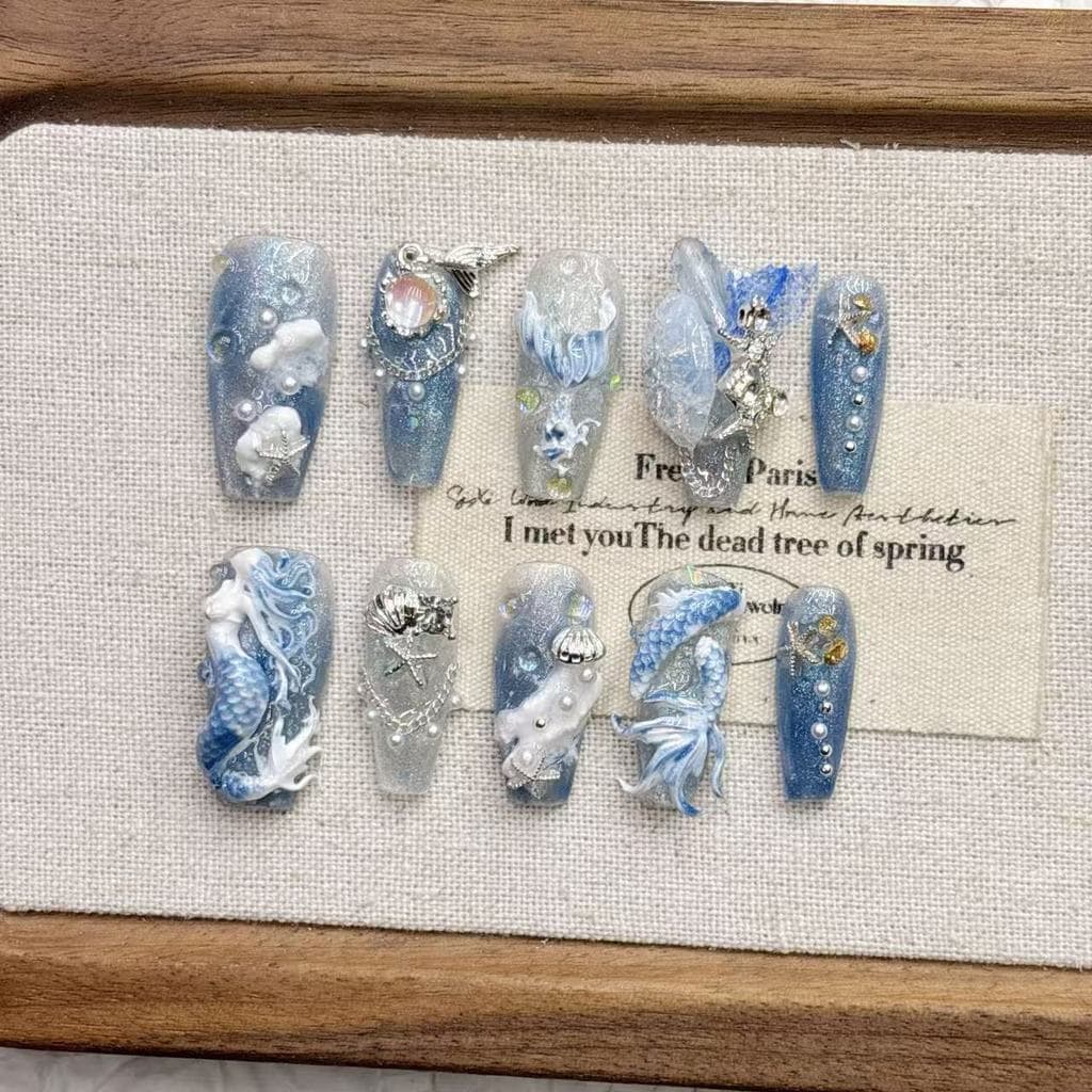 Mão azul oceano estilo sereia tridimensional de alta qualidade indústria pesada luz luxo comprimento médio Manicure arte