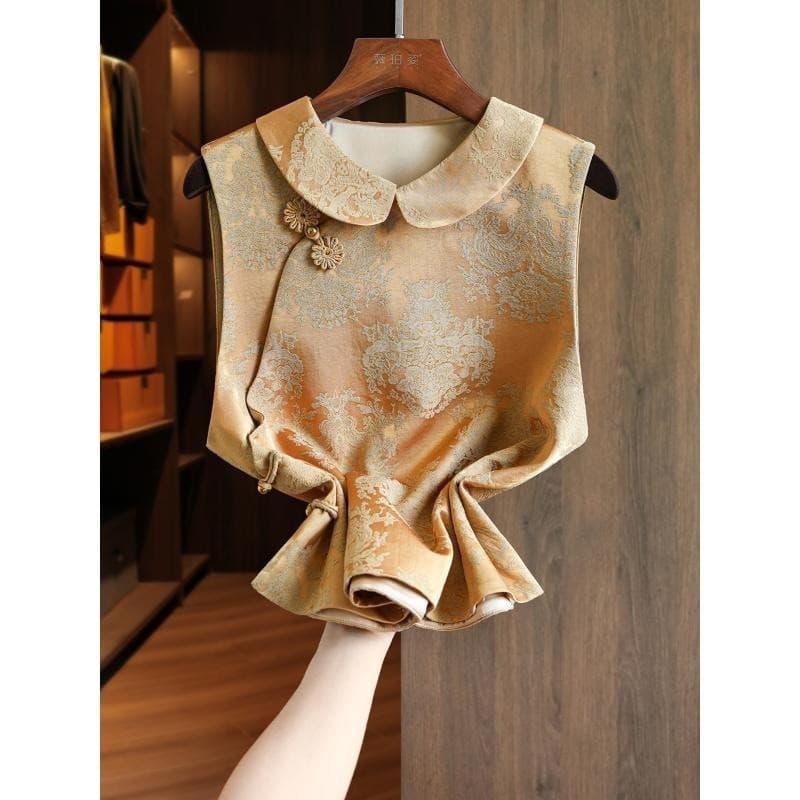 Colete feminino de jacquard multicamadas em estilo chinês, novidade para o início do outono de 2025, estilo vintage, ver