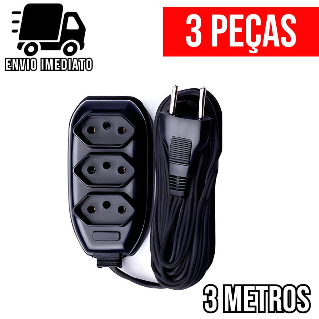 Kit 3 Extensão Elétrica 3 Metros com 3 Tomadas 110v 220vTripolar Alexa Compacta