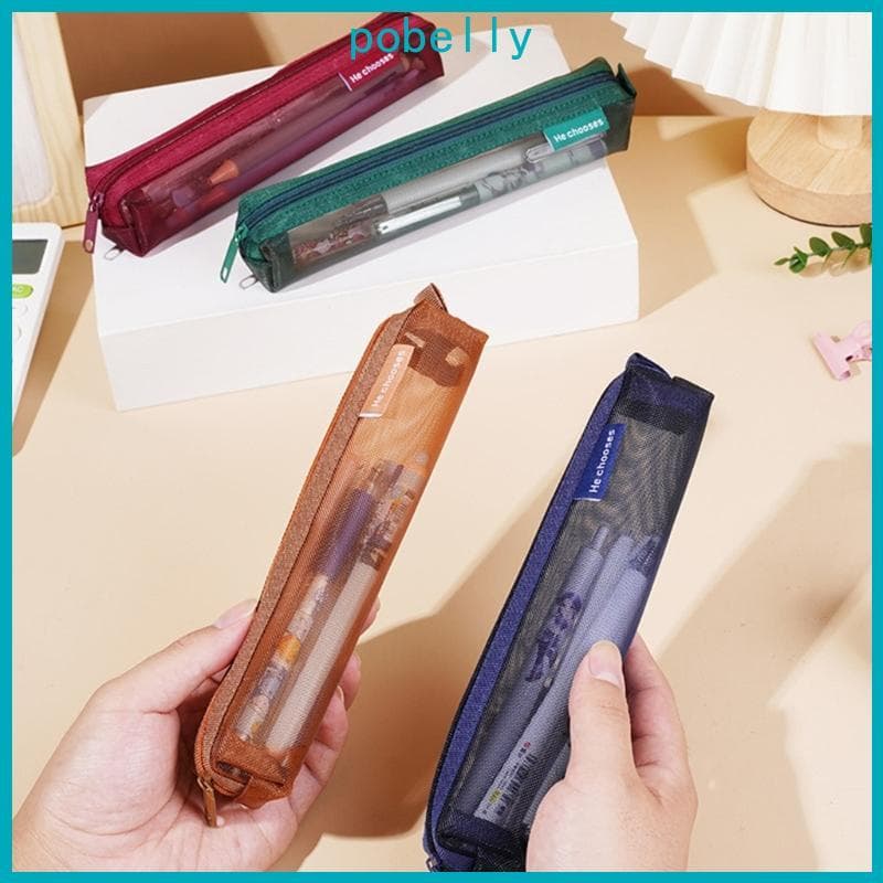 Pob Clear Mesh Pencil Case Pequeno Saco Lápis Transparente Organizadores Caneta