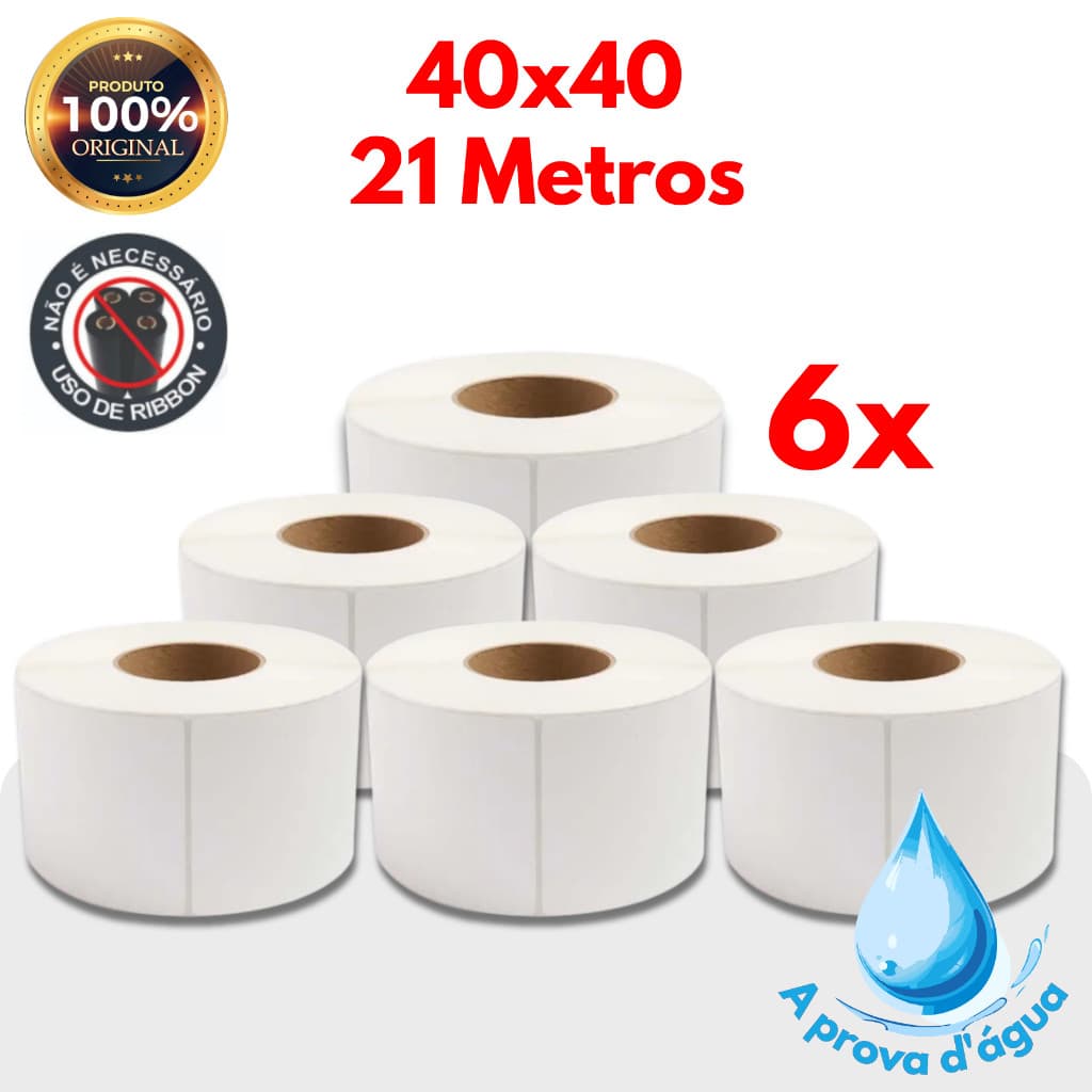 6 Rolos de etiqueta termica a prova d'água 40x40 quadrada 21 metros
