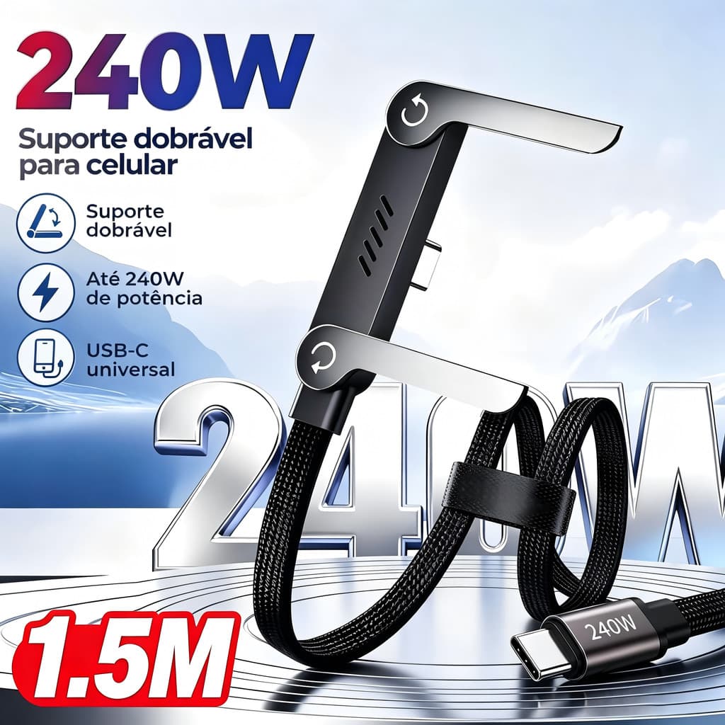 1.5M 240W Type C Para Cabo De Carregamento Rápido Com design De Cotovelo Suporte Dobrável Giratório iPhone