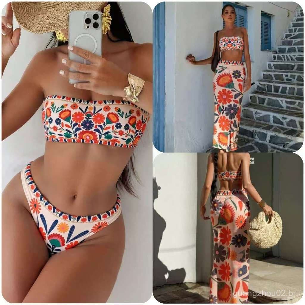 Biquíni sem alças estampado para mulheres com saia envolvente, conjunto de biquíni de três peças 9KOX