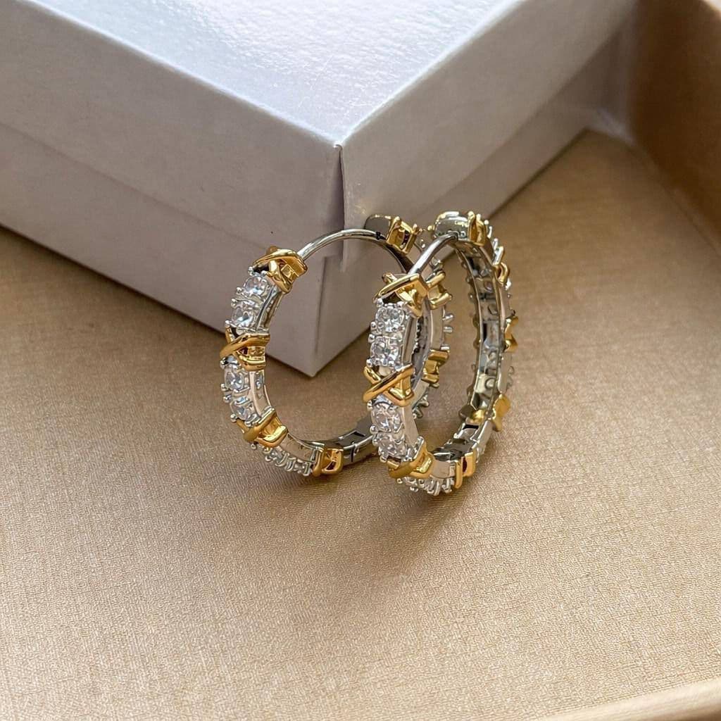 Brinco Elos X Bicolor Prateado E Dourado , Elegante Versátil Com Fecho Clique , Joias Finas