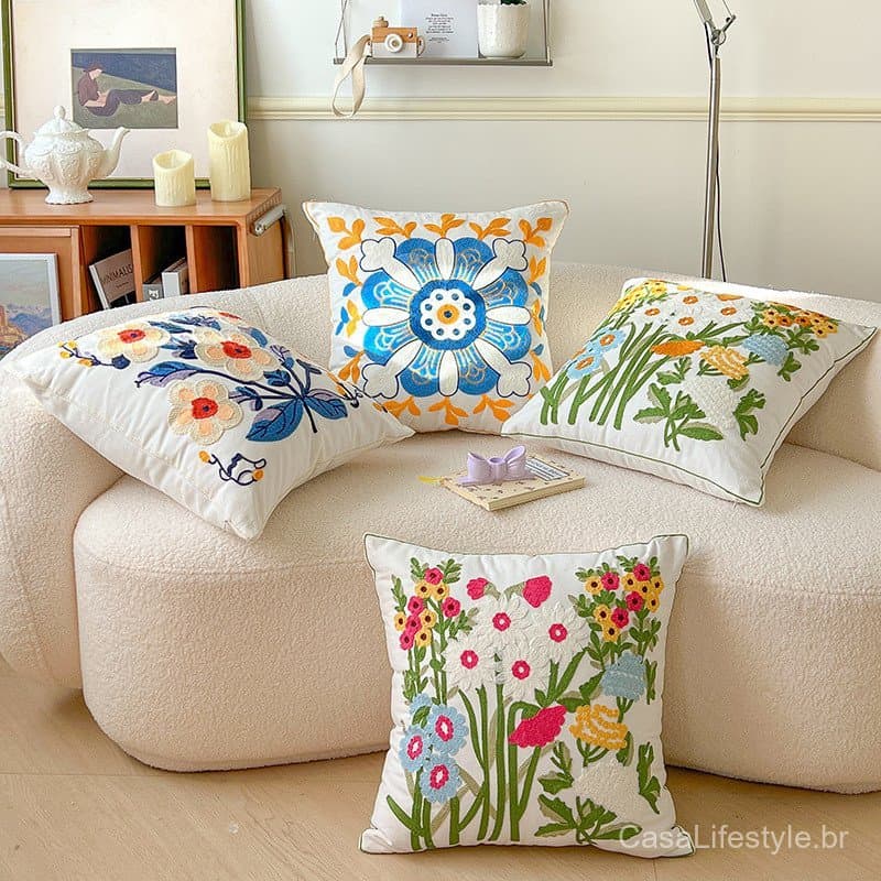 Capa De Almofada Bordada Relevo Toalha Floral Canvas Lona Sofá Sala Quarto Sem Enchimento