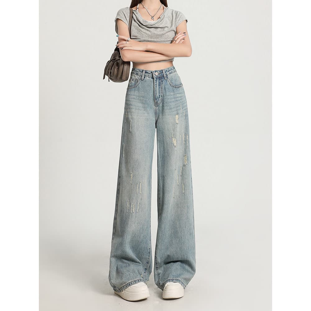 Street Wear lavado Jeans de perna larga feminino 2026 primavera novo estilo pequeno mais magro olhar desgastado Design s