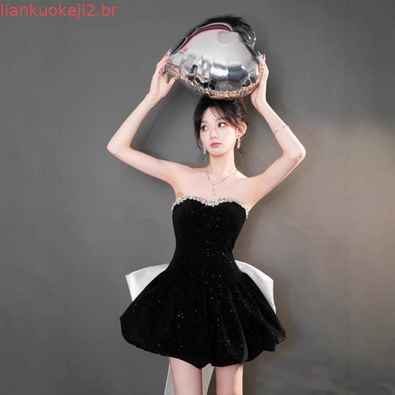 Kaka Mesmo Estilo Vietnã Nicho L @ ne ci Bonito Tubo de Veludo Doce Top Bow festa Vestido Pequeno Saia