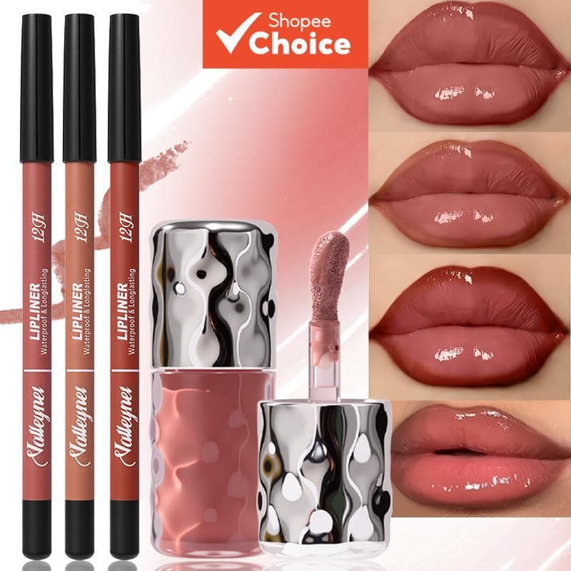 Conjunto 4 peças: 3 lápis labiais matte + gloss labial de brilho intenso, à prova d'água, longa duração, nutritivo e