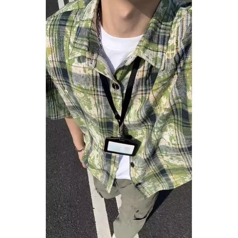 Camisa xadrez Tie-Dye Vintage masculina High-End rufião bonito camisa de manga curta protetor solar americano jaqueta de