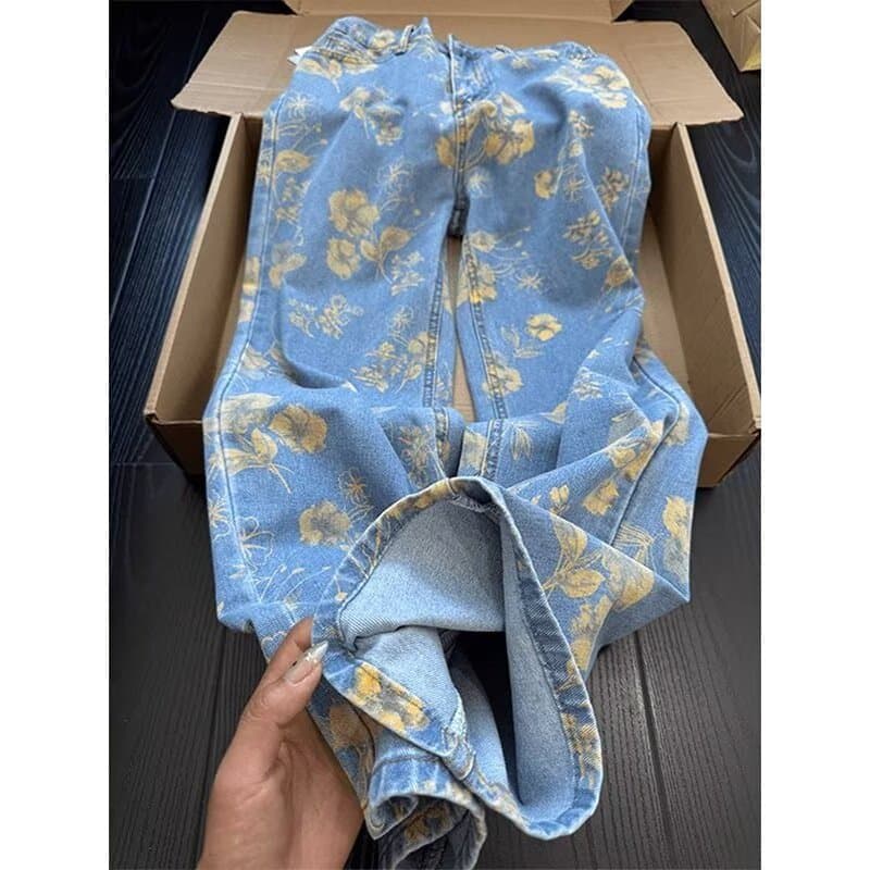 Azul Floral Jacquard calças de brim retas masculinas outono americano High Street calças cleanfit solto calças casuais