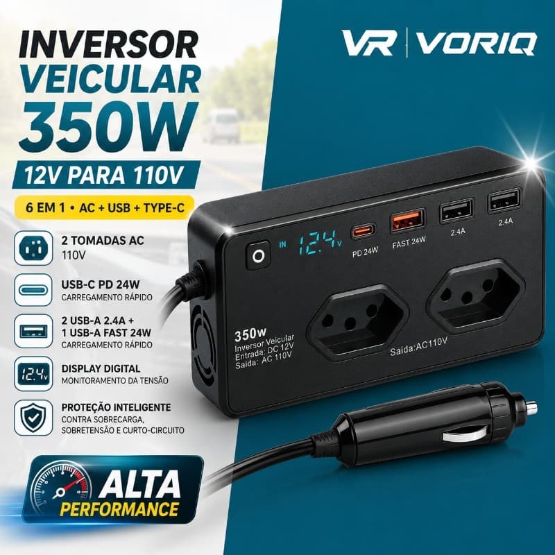Inversor De Tensão Veicular 12V Para 110V 350W Automotivo Tomada + 3 Portas USB Turbo + 1 Tipo-C