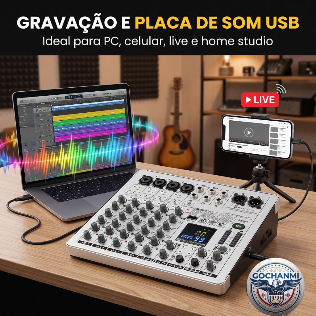 Mesa de Som 4 ou 6 Canais GOCHANMI com Bluetooth, Placa de Som USB e Efeitos DSP