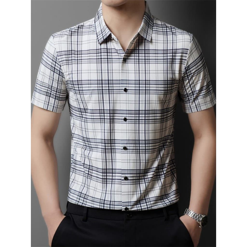 Clássico carro de manga curta camisa masculina xadrez luz luxo respirável estiramento sem costura High-End negócios Casu