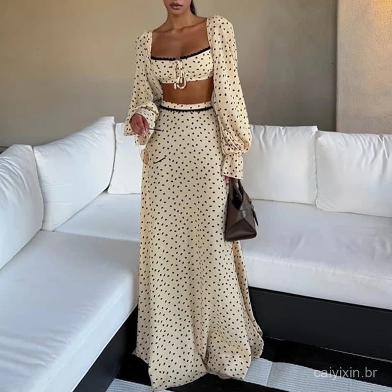 Novo conjunto feminino de saia longa com bolinhas para o dia a dia (30748) FFTG