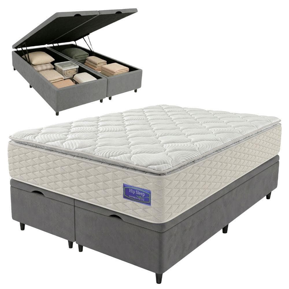 Cama Box Baú Queen Colchão Ortopédico Atena Molas Ensacadas Pillow Top 158x198x79cm Hip Sleep