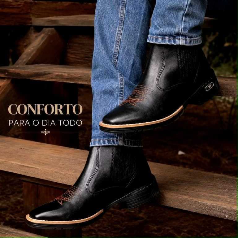 Bota Texana Masculina Country Couro Ecológico Confortável Rodeio Bota Chelsea Bico Quadrado Festa Junina