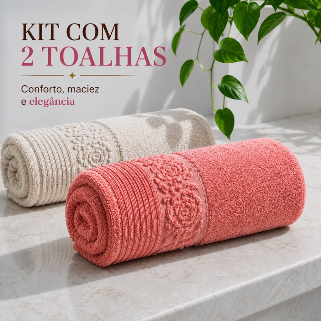 Kit 2 Toalhas De Banho Barra Aveludada Fio Penteado 100% Algodão Grossa 130x70 Jasmim Macia Premium Alta Absorção