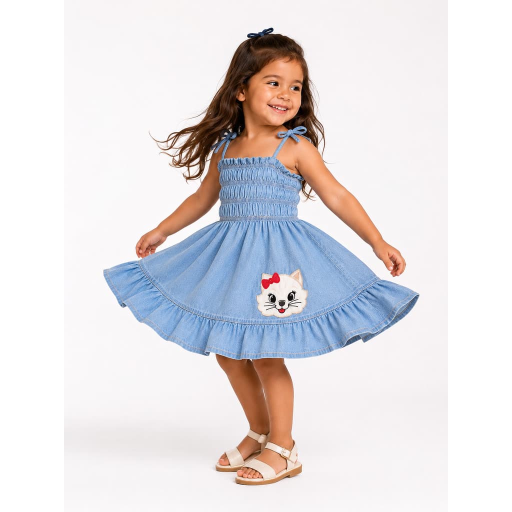Vestido Jeans Menina Bebe Infantil Alça Fresquinho Confortável Feminino