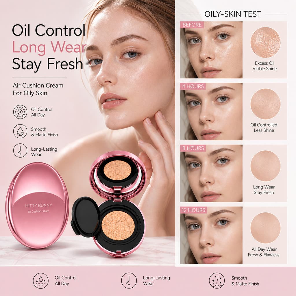 HITTY BUNNY Air Cushion Cream Ilumina Delicadamente o Tom da Pele, Acabamento Matte, BB Cream com Controle de Oleosidade