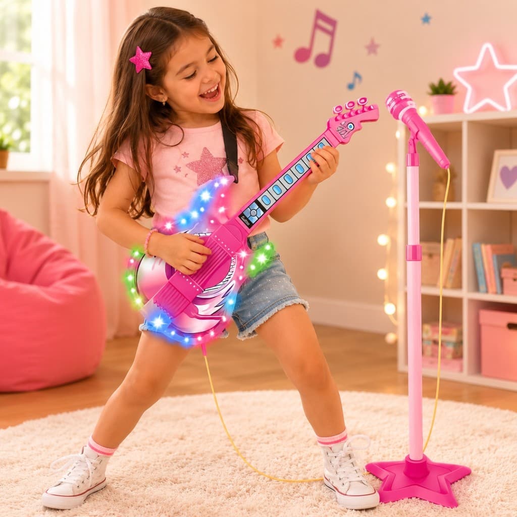 Brinquedo Guitarra Musical Com Luz e Som Microfone Pedestal Instrumento Divertido - Castela