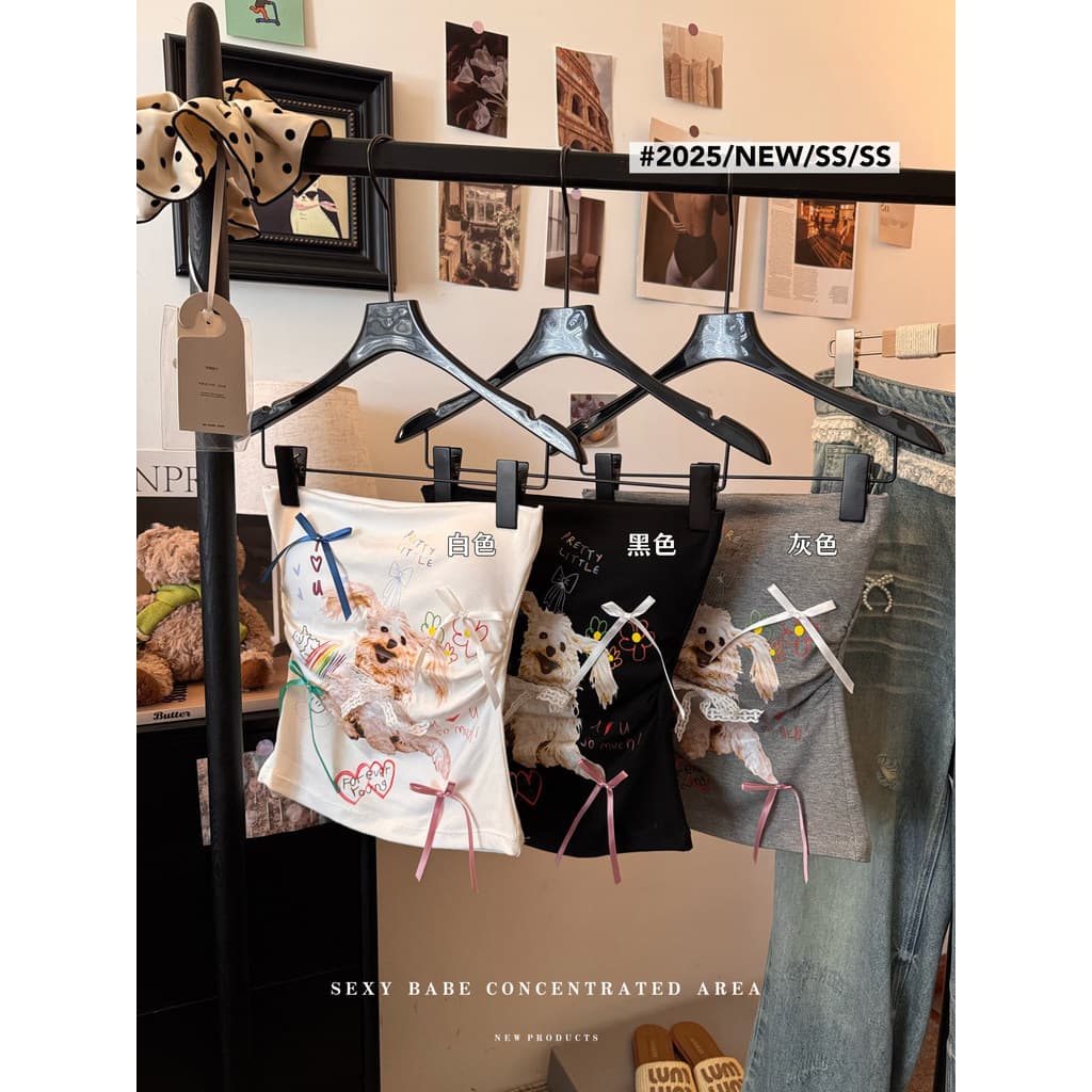 Kumikumi Design Filhote de Cachorro Impresso Tubo Top Colete Feminino Verão Retro Plissado Arco Curto Top