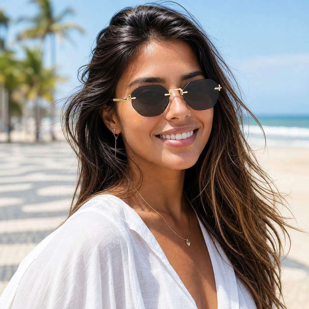 Óculos De Sol Poligonais Sem Aro Para Mulheres UV400 , Armação De Metal Leve , Tons Da Moda Viagens Na Praia , Uso Diári