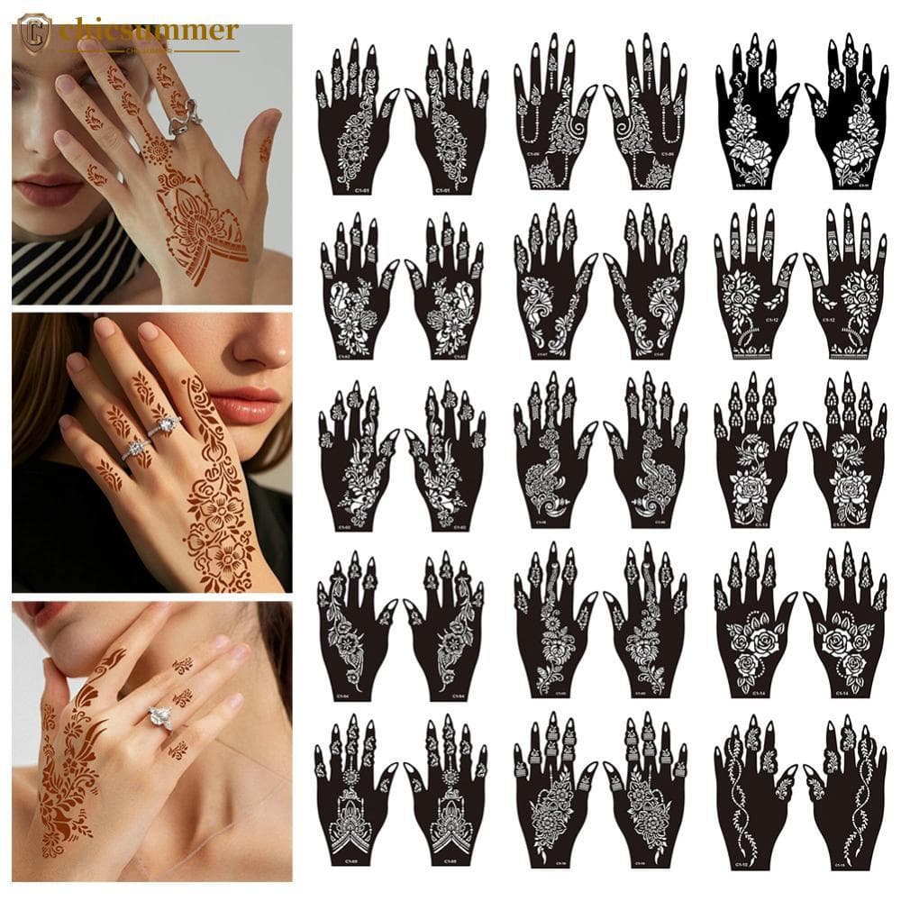 CHICSUMMER Reutilizável Henna Mão Tatuagem Estêncil Conjunto Esquerda & Direita Modelos DIY Arte Do Corpo Adesivos Para