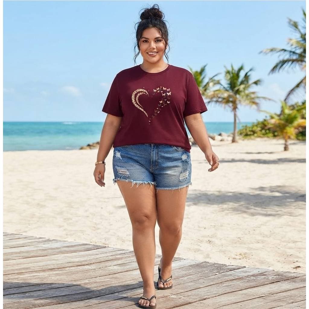 Camiseta Coração Borboleta Plus Size, Tecido Respirável, Tendência Moda, 100% Algodão Respirável