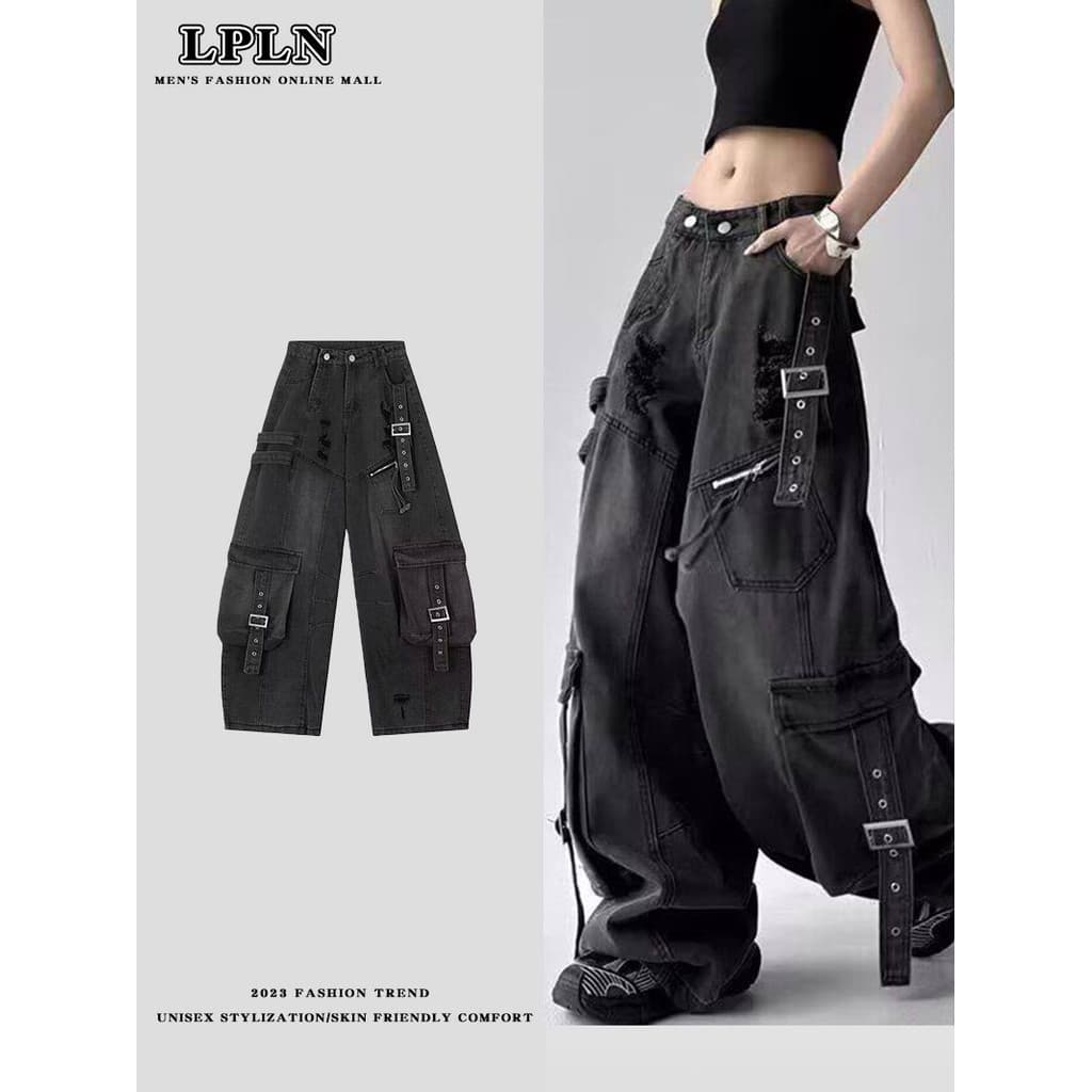 LPLN estilo americano pesado desconstrução fita macacão Denim das mulheres dos homens primavera street Wear High street