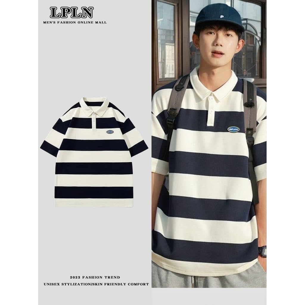 LPLN verão juventude camisa POLO manga curta masculina solta Casual listrado manga curta 2024 novo estilo All-Match topo