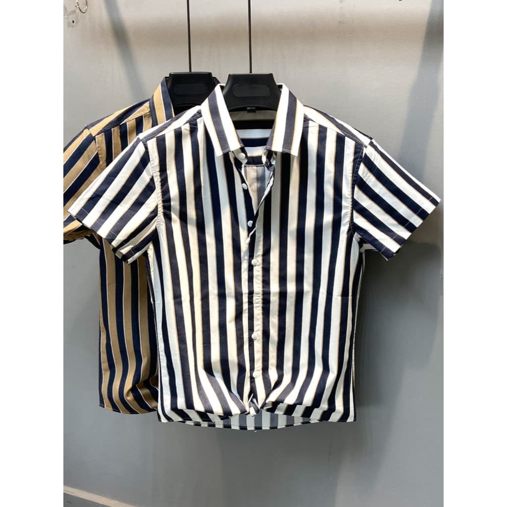 Verão fino listrado camisa de manga curta masculina versão coreana na moda All-Match bonito fino-ajuste Casual rufião