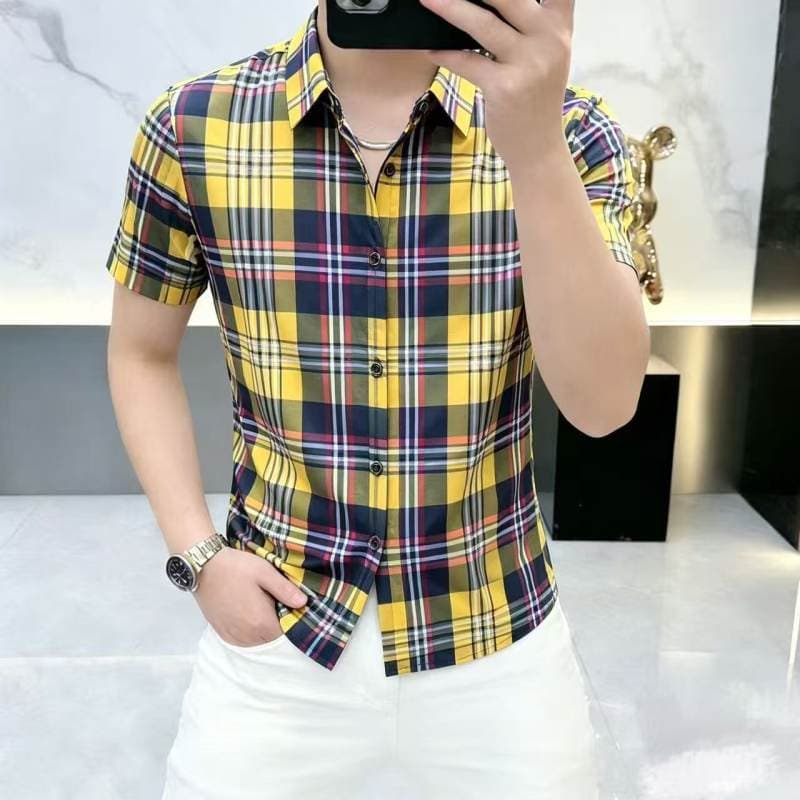 Estação europeia masculina verão na moda xadrez camisa de manga curta Casual moda respirável literária única Slim-fit