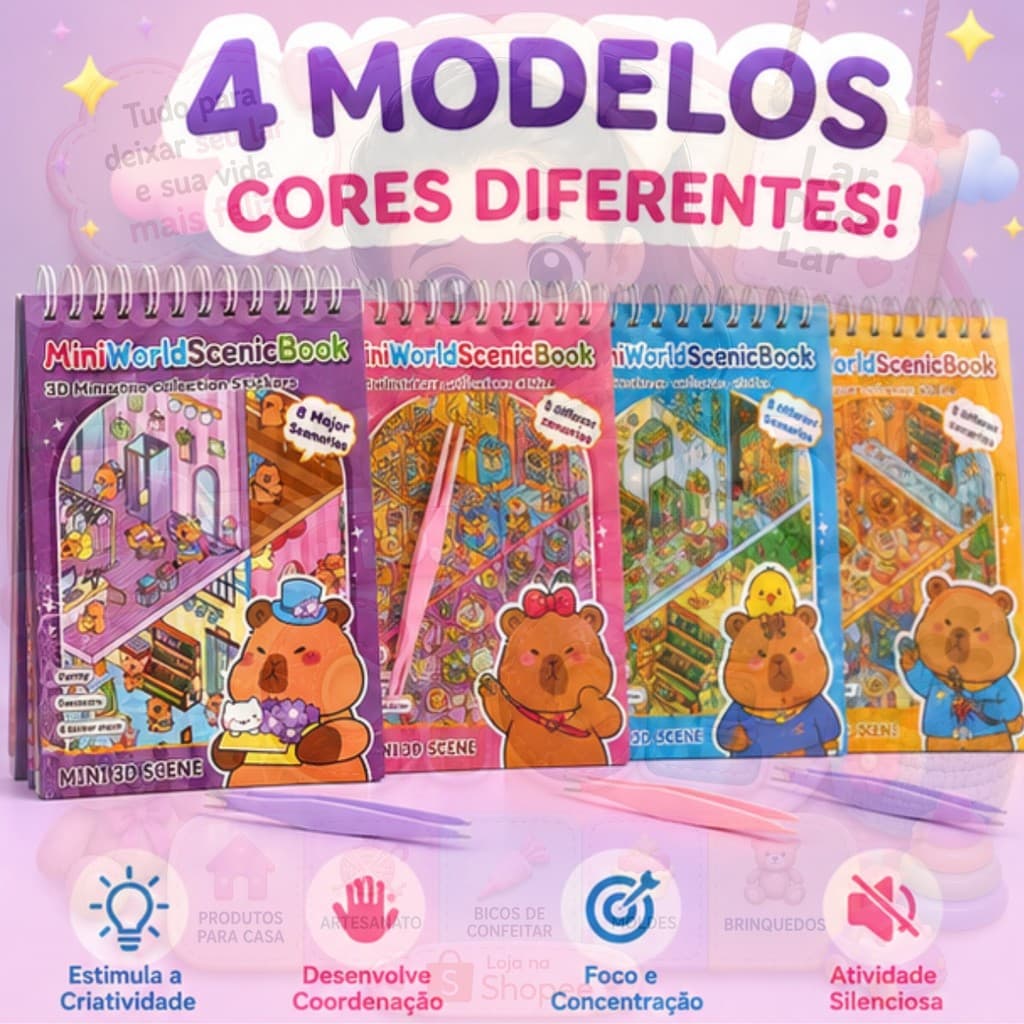 Caderno Adesivo 3d Capivara 8 Cenários Educativo Reutilizável Livro Infantil com Pinça Brinquedo Criativo