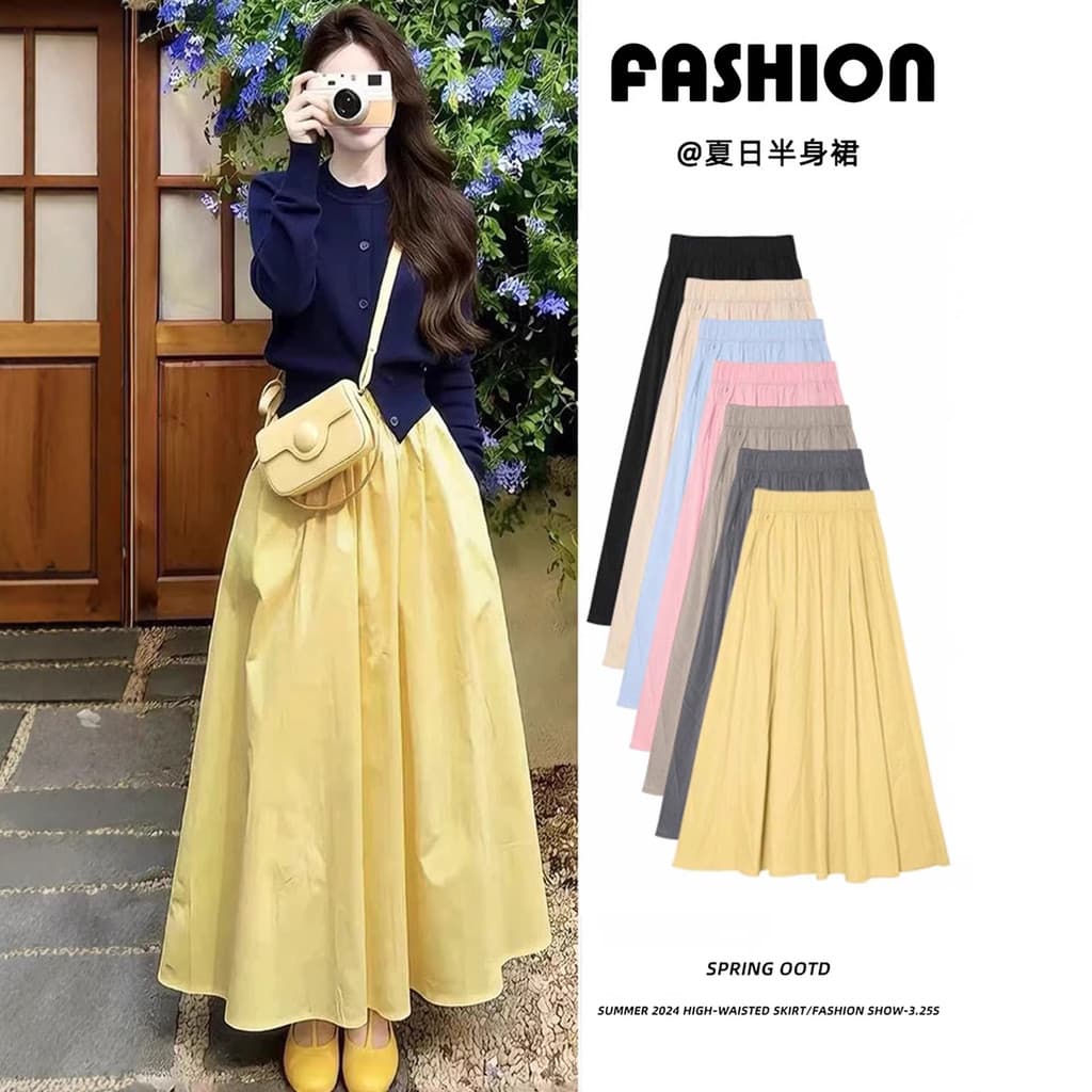 Saia amarela feminina novo estilo verão pequena saia evasê saia longa gordura mm tamanho grande saia plissada Yamamoto