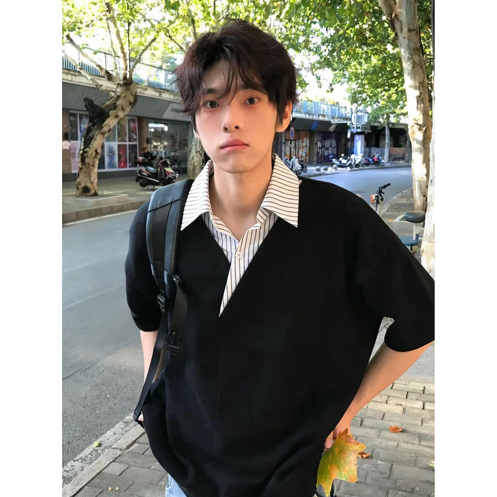 F Falso de duas peças de manga curta masculina verão Street Wear com decote em V meia manga camiseta americano pesado ju