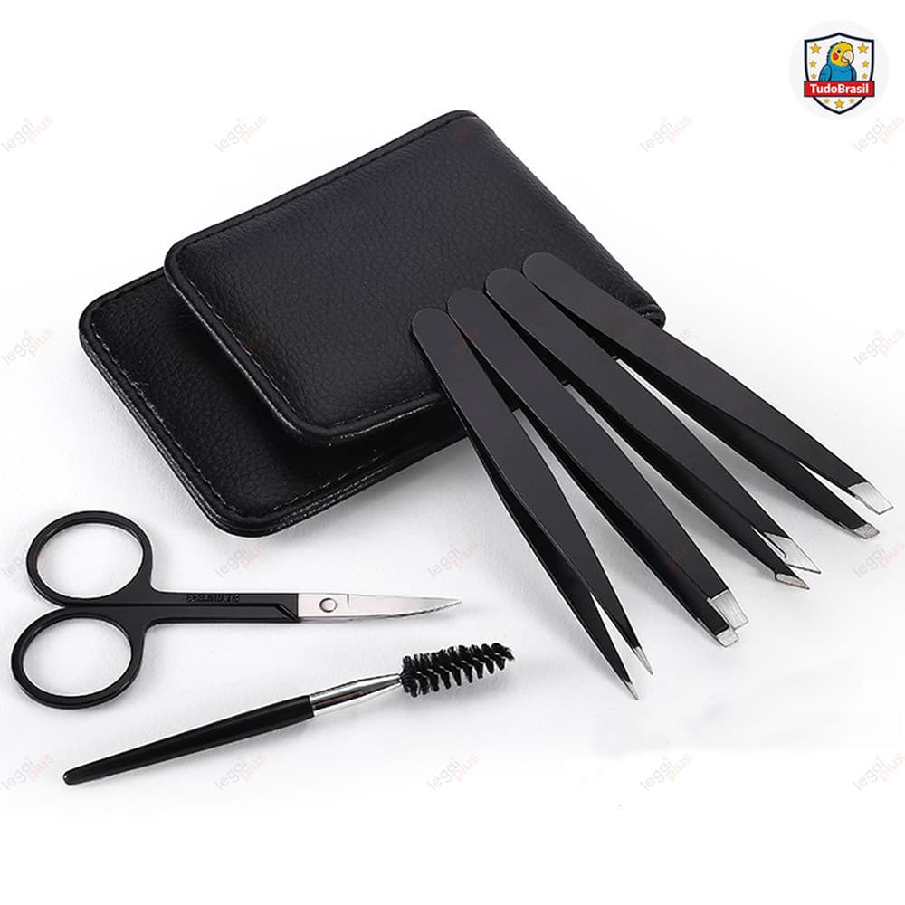 Conjunto com Sete Peças para Organização das Sobrancelhas, inclui tesoura, pinça e pincel