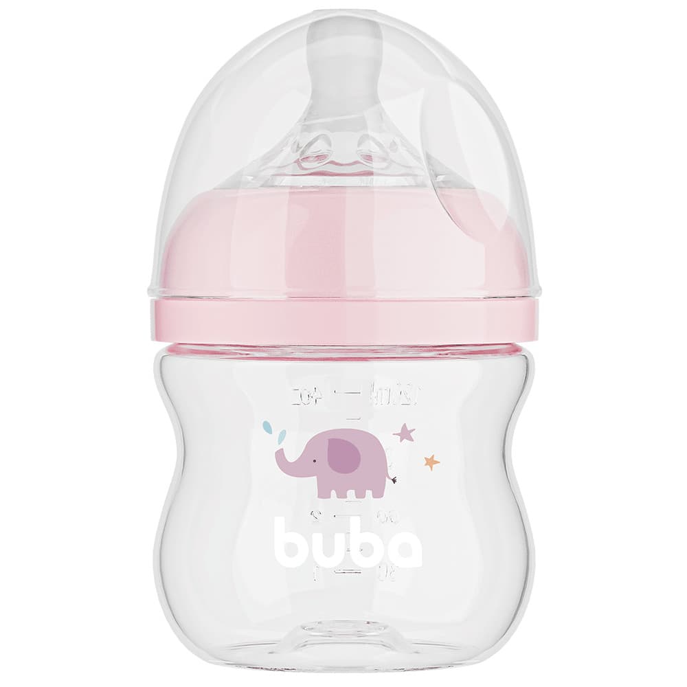 Mamadeira Buba Easy Flow Elefante Rosa 120ml Bico Silicone Anticólica Fluxo Lento 0m+