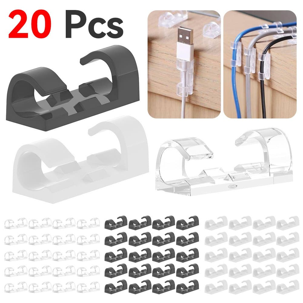 Kit com 20 Clipes Organizadores de Fios e Cabos Autoadesivos