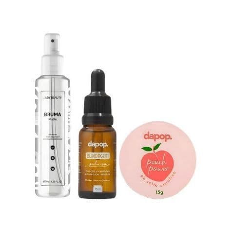 Kit Bruma Fixadora Matte Lady Beauty + Blindagem Poderosa 3x1 Dapop + Pó Pêssego Peach Power Dapop