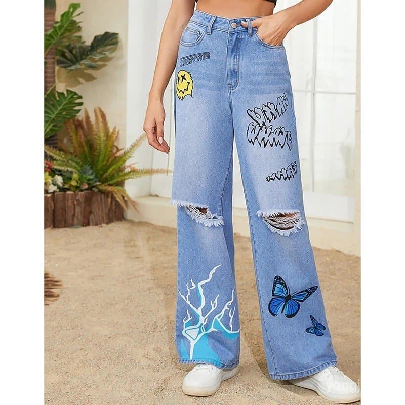 Calças Largas de Cintura Alta Harajuku para Mulheres 2024, Jeans Góticos de Perna Larga, Moda Punk para Meninas, Calças