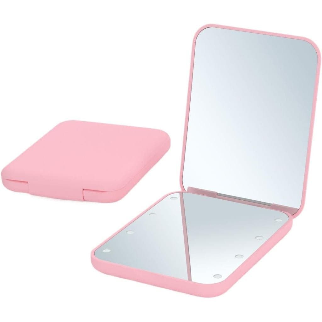 Espelho de Maquiagem Portátil e Dobrável, Luz LED com 8 Lâmpadas LED, Ampliação de 2x, Rosa
