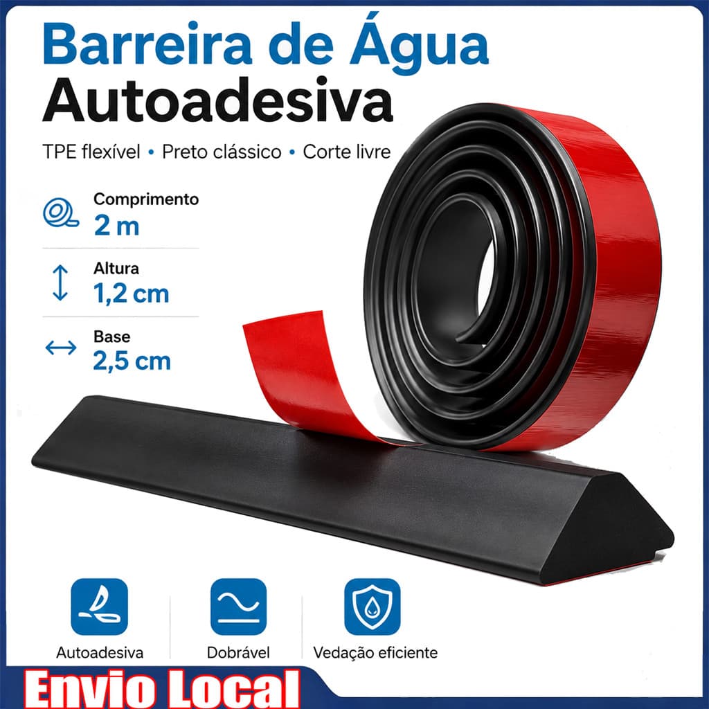 Barreira de Água para Box Banheiro 2m Preta Trapezoidal Autoadesiva TPE Flexível para Piso, Cozinha e Chuveiro