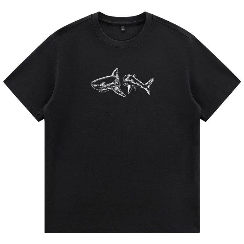 Camiseta tubarao bordado  Gola redondo Manga curta Unissex peruano Masculina menina coelho masculino