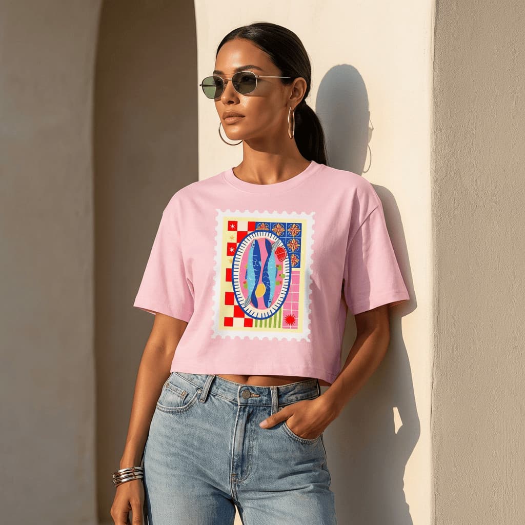 Blusa Cropped Feminina Larguinho Oversized  T-Shirt Básica Estampada  Peixes Algodão Blusinha de academia