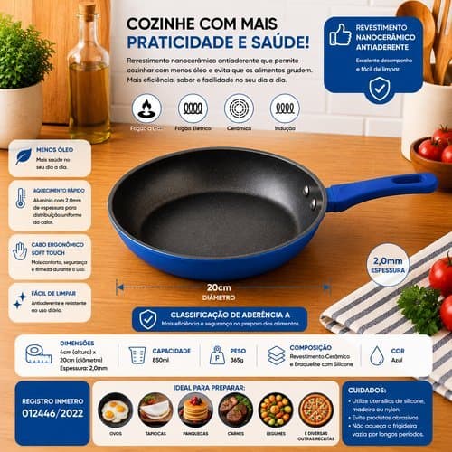 Frigideira Antiaderente Nanoceramica 20cm Azul Duravel Alta Qualidade