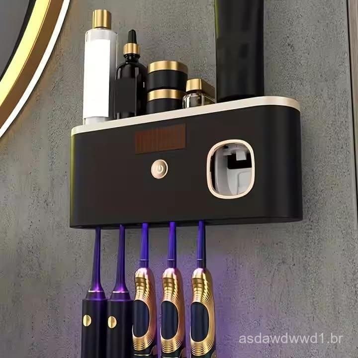 Suporte de Escova de Dentes Montado na Parede com Dispensador Automático de Pasta de Dentes, Organizador de Banheiro Rec